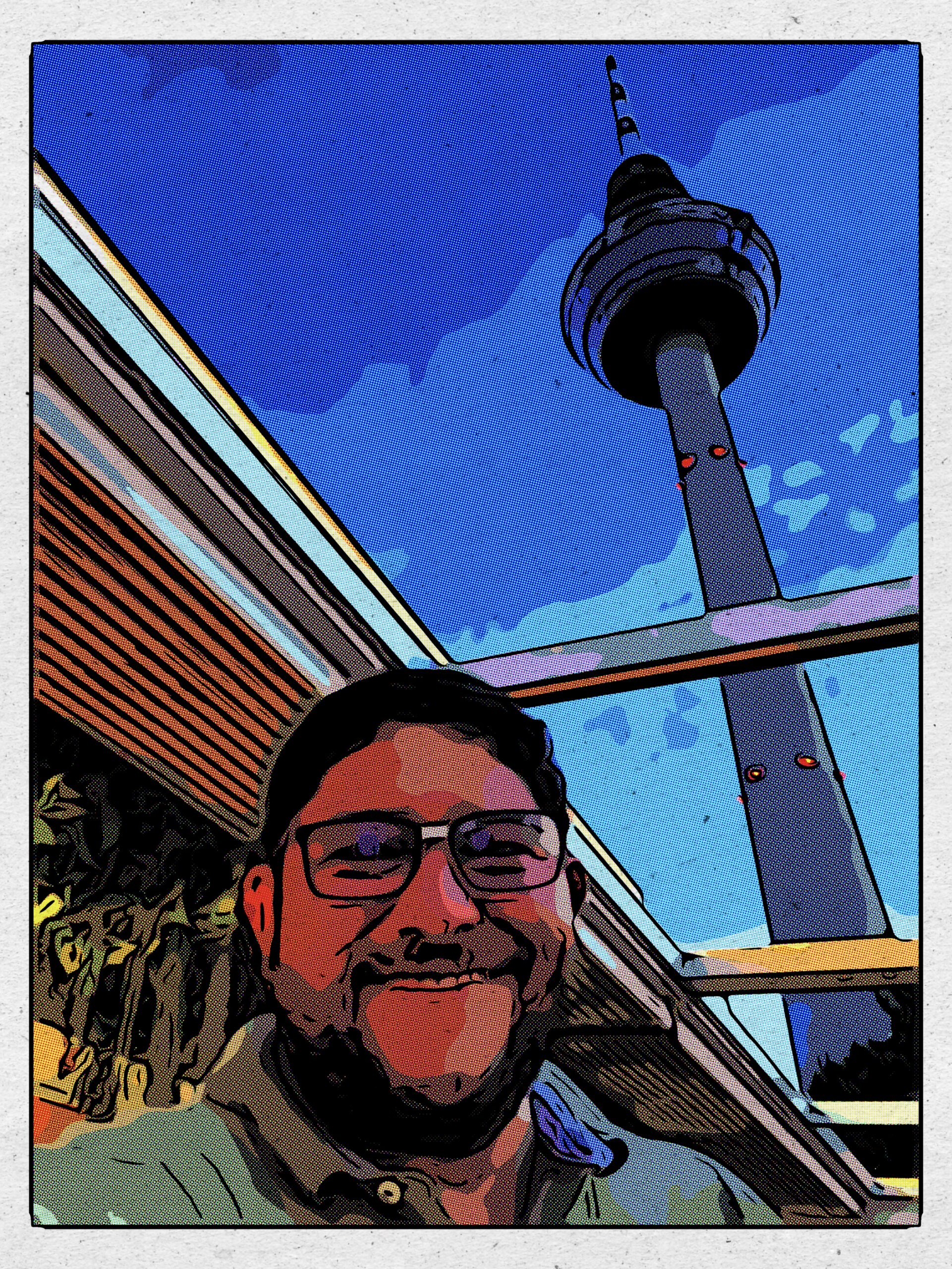 Comic picture of Erich in fron the Mannheim TV Tower