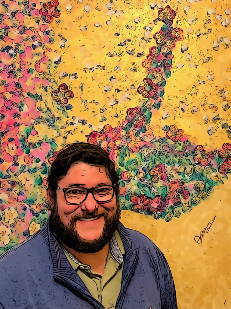 Comic Photo of Erich standing in front of his favourite painting by artist Agnes Klaußmann https://www.instagram.com/agnesspirituellehypnose/?hl=en